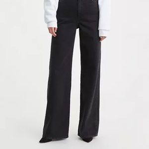 Levi’s Ribcage Wide Leg Black Jeans EUC Cropped Raw Hem Sz 24
